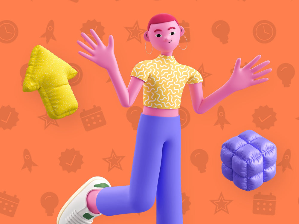 3D cartoon girl jumping and waving on an orange background with a yellow arrow and purple cube, ready to start a business