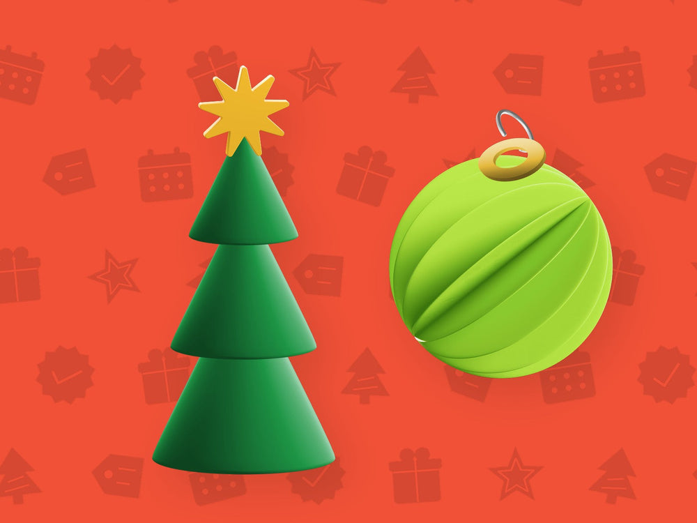 3D Christmas tree with a gold star and a lime bauble on a red background, Christmas business ideas for kids