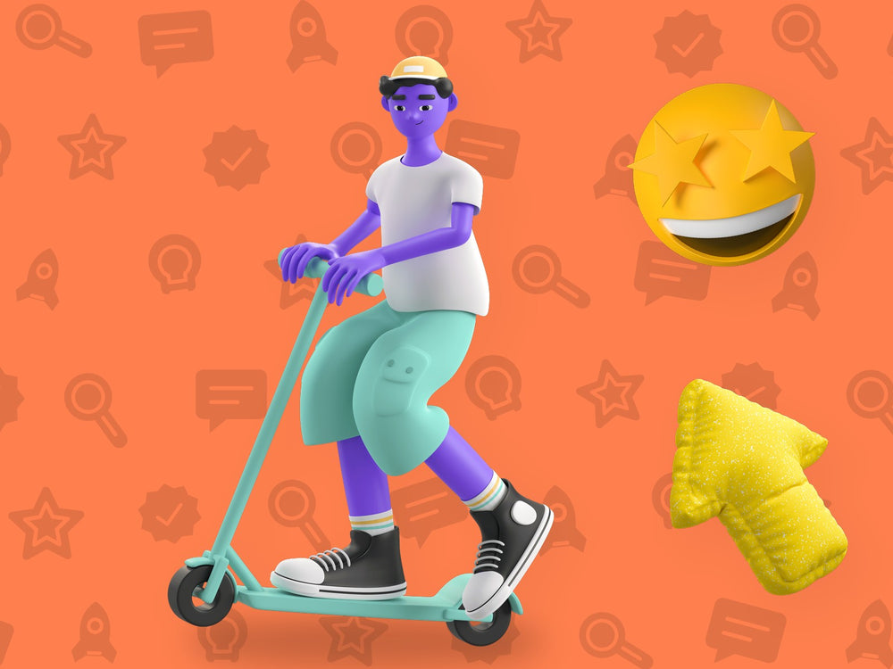 3D cartoon kid riding a scooter on an orange background with a star-struck emoji and yellow arrow, getting started with entrepreneurship