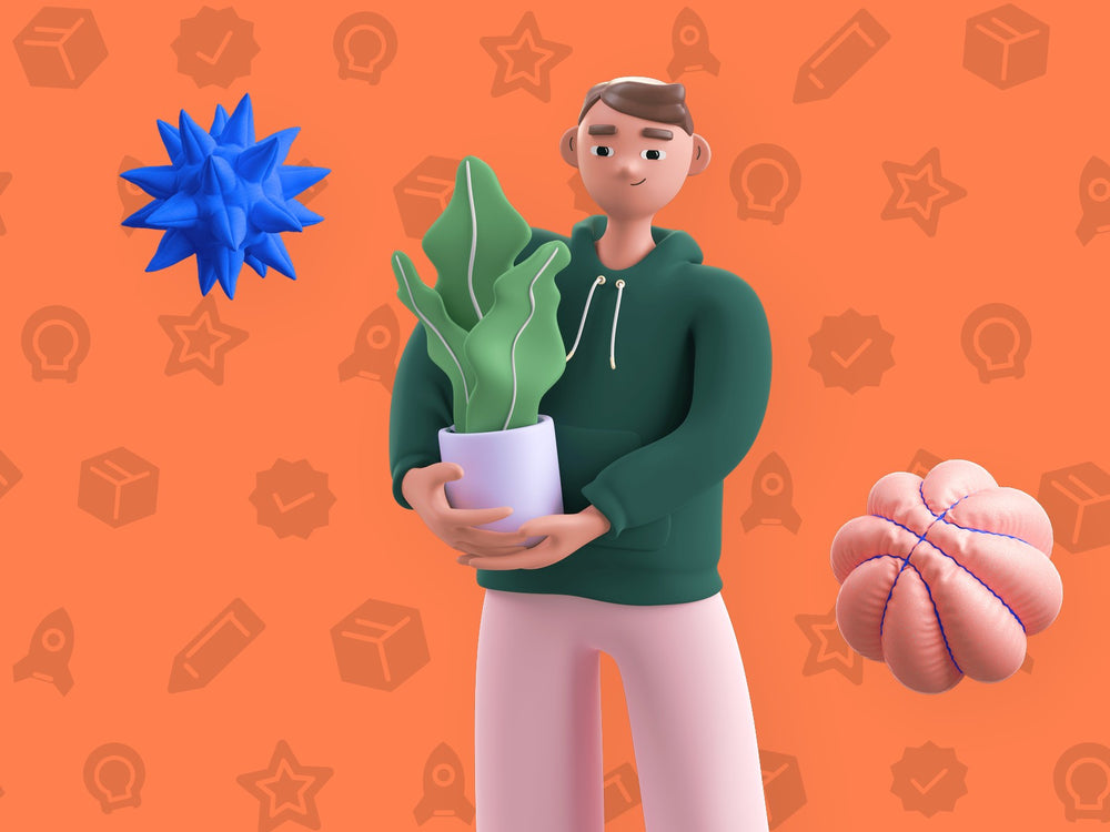 3D cartoon boy holding a plant on an orange background with a blue spiky star and peach ball, growing a business idea