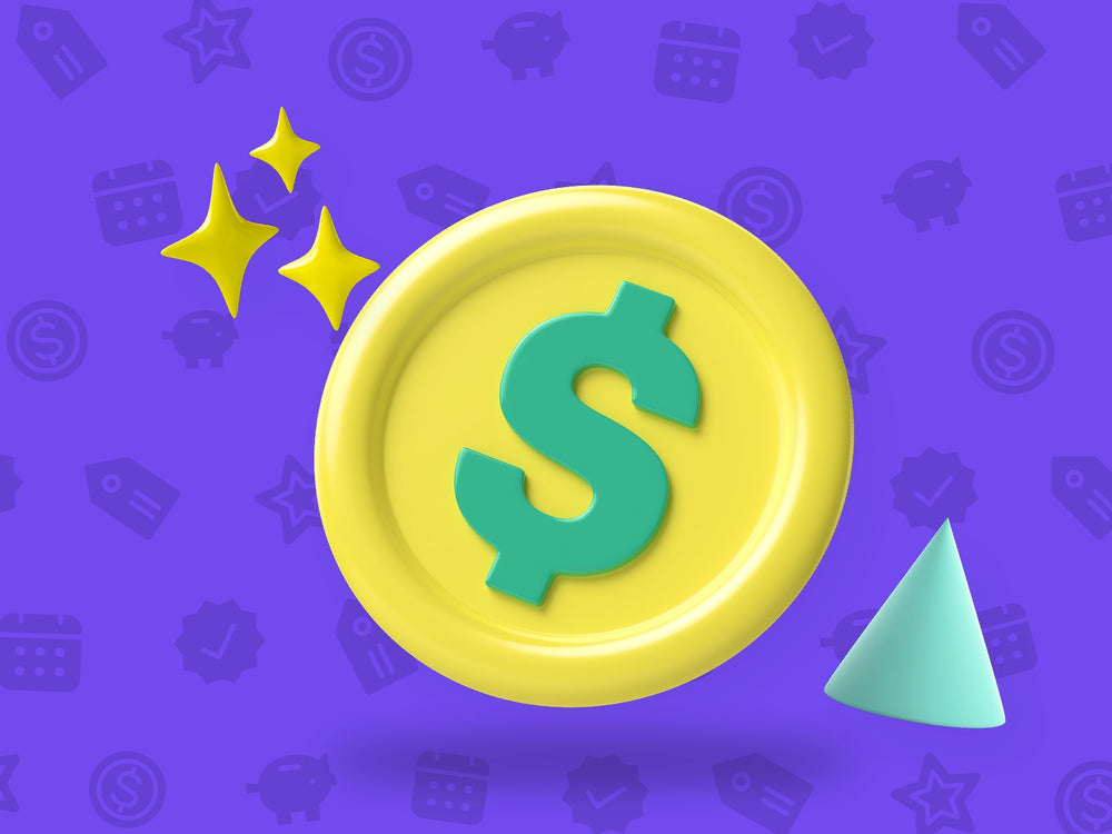 3D gold coin with a green dollar sign, sparkles and a mint cone on a purple background, kids earning money