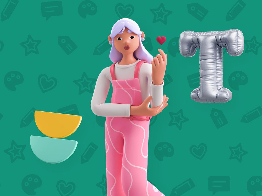 3D cartoon girl making a finger heart on a green background with a silver letter T balloon, building a brand