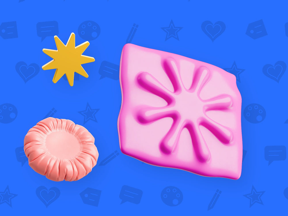 3D pink flower tile, peach cushion and yellow star on a blue background, kids designing a simple logo