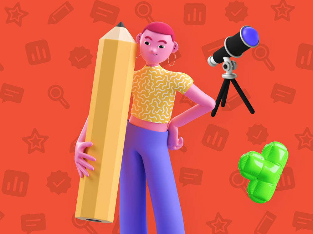 3D cartoon girl holding a giant pencil on a red background with a telescope and green puzzle piece, doing market research