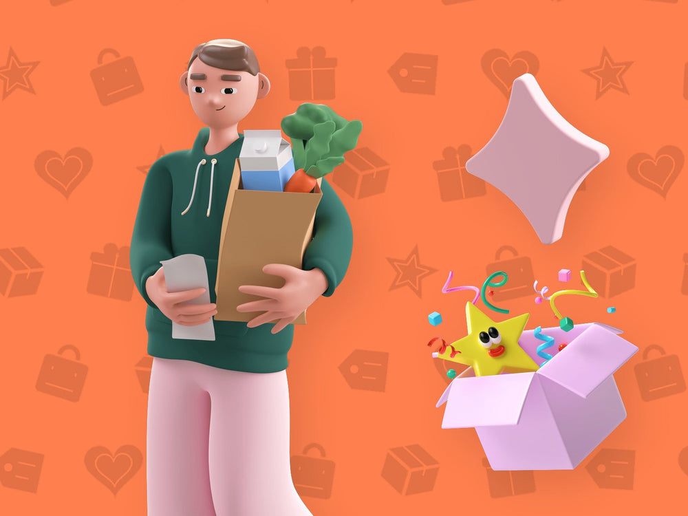 3D cartoon boy carrying a paper bag on an orange background beside an open gift box and pink sparkle, kids designing packaging