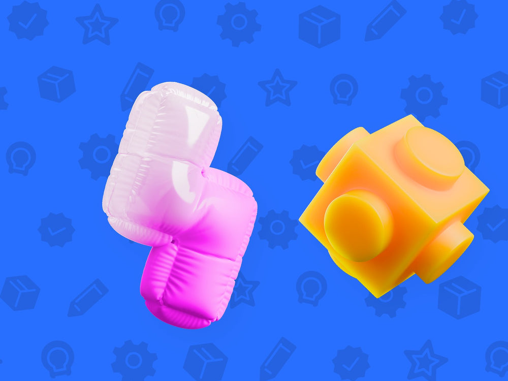3D pink puzzle piece and orange building block on a blue background, turning a problem into a product idea